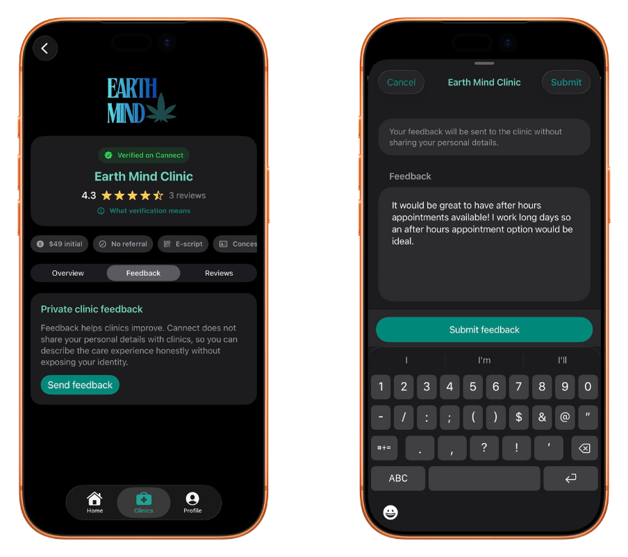 Cannect private feedback screens.