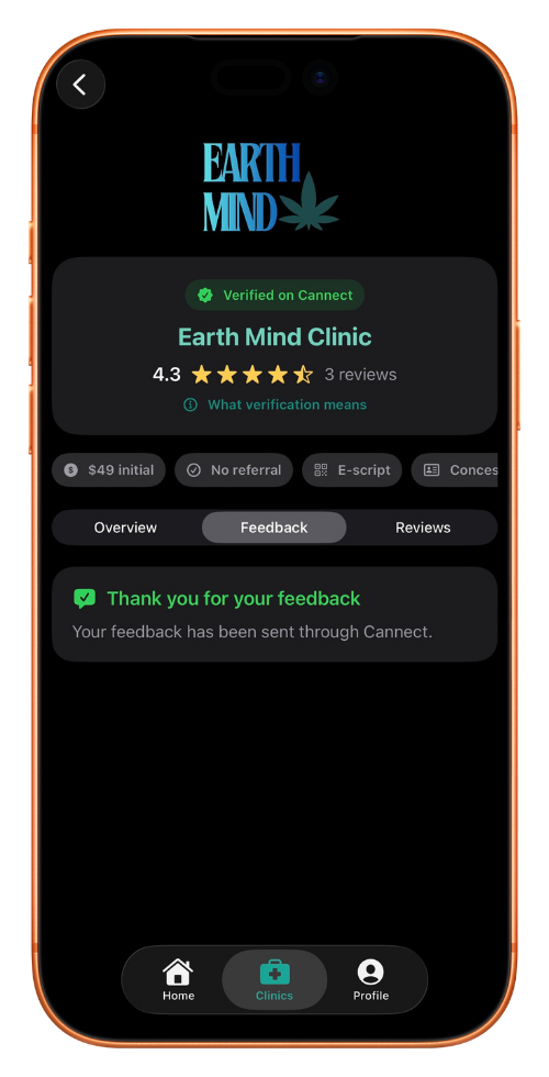 Cannect feedback confirmation screen.