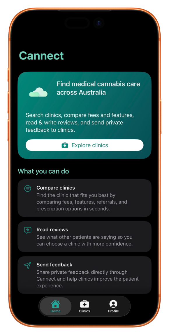 Cannect home and clinic discovery screen.